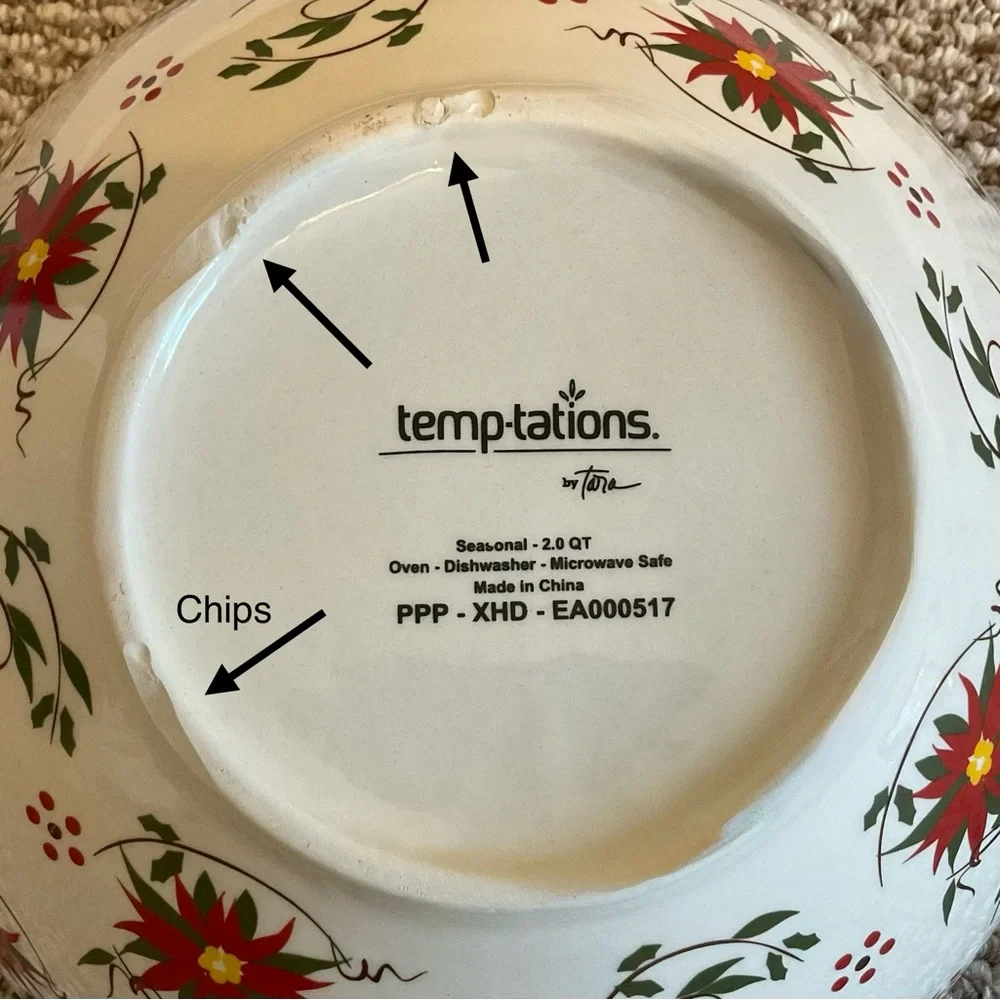 Temp-Tations 2 QT Asymmetrical Poinsettia Bowl with Cardinal and Ornaments